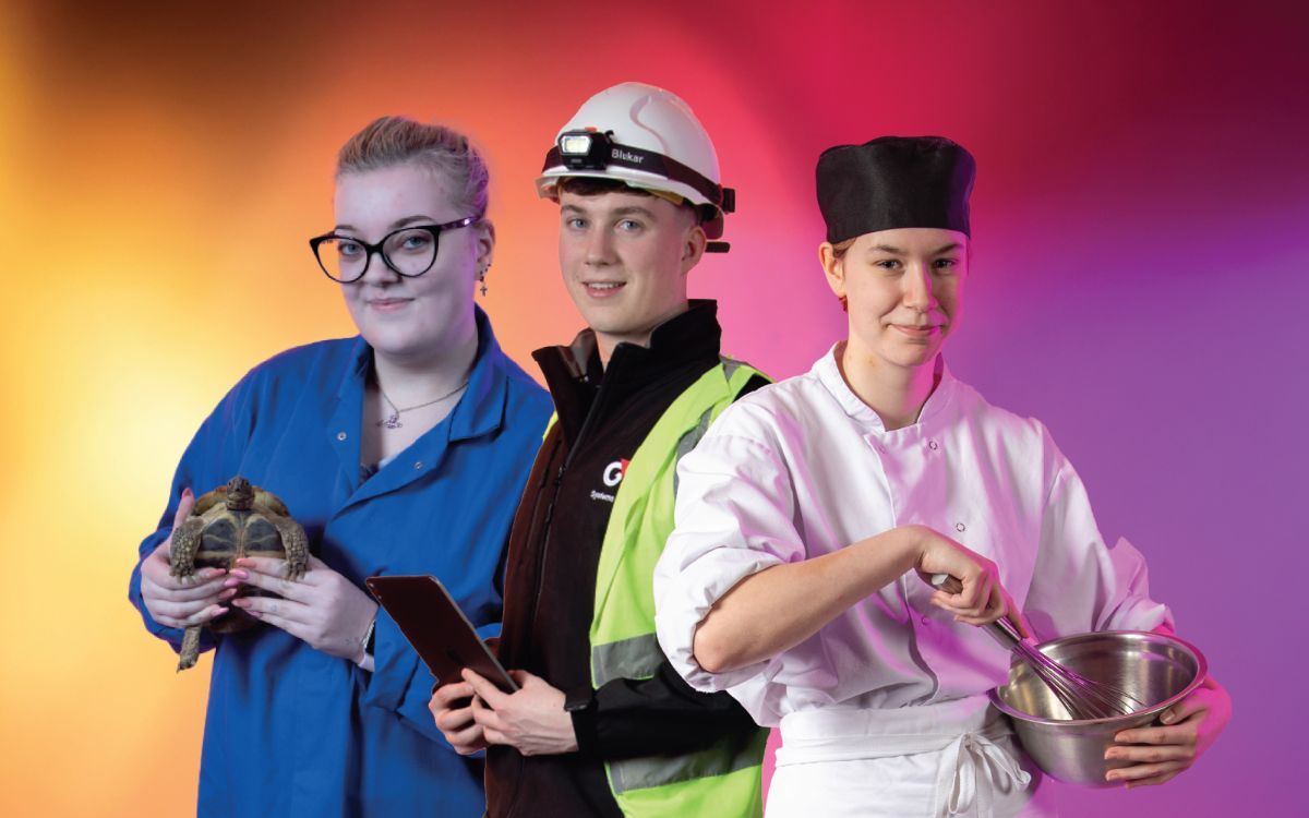 Three students on a colourful background